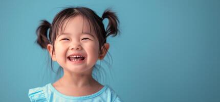 ai gerado sorridente pequeno menina dentro azul camisa foto