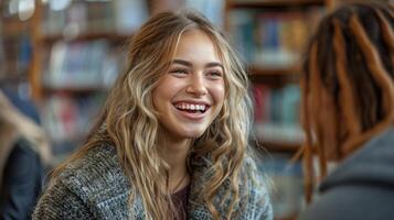 ai gerado menina sorridente e segurando livro foto