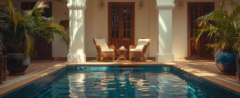 ai gerado piscina área com cadeiras e mesa foto