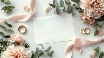 ai gerado Casamento argolas e flores em branco fundo foto