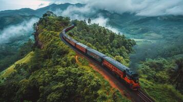 ai gerado trem viajando através exuberante verde floresta foto