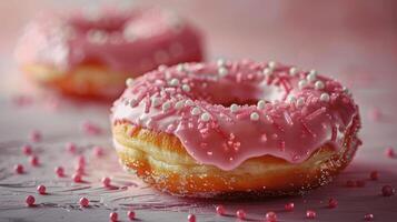 ai gerado rosquinha com Rosa gelo e morangos em mesa foto