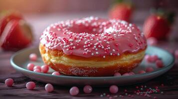 ai gerado rosquinha com Rosa gelo e morangos em mesa foto