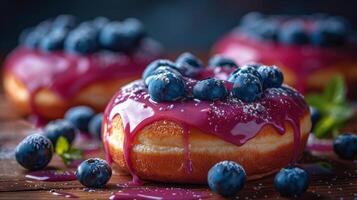 ai gerado delicioso pastelaria coberto com fresco amoras foto