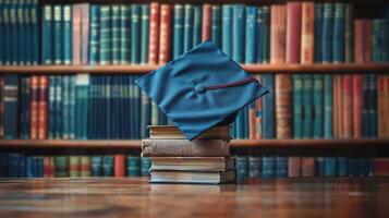 ai gerado graduação boné em estante de livros foto