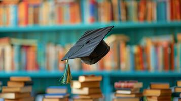 ai gerado graduação boné em estante de livros foto