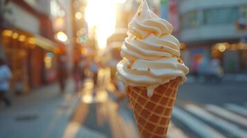 ai gerado gelo creme cone em cidade rua foto