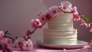 ai gerado elegante branco Casamento bolo com Rosa flores foto
