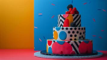 ai gerado colorida multicamadas bolo com decorações em prato foto