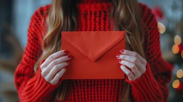 ai gerado mulher dentro vermelho suéter segurando vermelho envelope foto