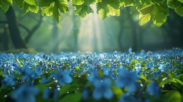 ai gerado campo do azul flores com árvores foto