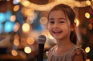ai gerado pequeno menina segurando microfone e sorridente foto