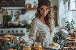 ai gerado mulher preparando Comida dentro cozinha foto