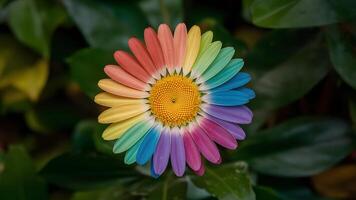 ai gerado vibrante margarida flor adornado com arco Iris colori pétalas foto