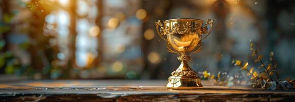 ai gerado dourado troféu em mesa foto