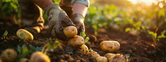 ai gerado pessoa colheita batatas dentro uma campo foto