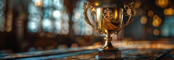 ai gerado dourado troféu em mesa foto