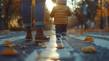 ai gerado mulher e criança caminhando baixa rua foto