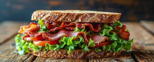 ai gerado bacon e alface sanduíche em de madeira mesa foto