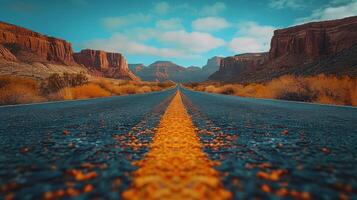 ai gerado em linha reta estrada com montanhas dentro fundo foto