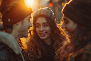 ai gerado amigos desfrutando uma pôr do sol cidade passear foto