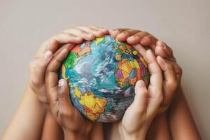 ai gerado múltiplo mãos berço uma colorida globo simbolizando global união e diversidade foto