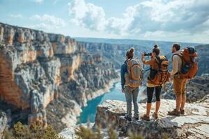 ai gerado grupo do caminhantes negligenciar uma desfiladeiro foto