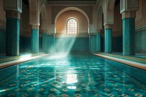 ai gerado sereno interior piscina com marroquino arquitetura foto
