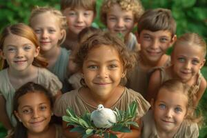 ai gerado grupo do sorridente crianças dentro natural configuração com 1 segurando uma branco pomba foto