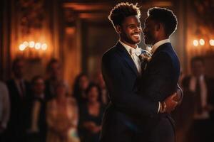 ai gerado radiante gay casal dançando em seus Casamento dia, cercado de amigos e família foto