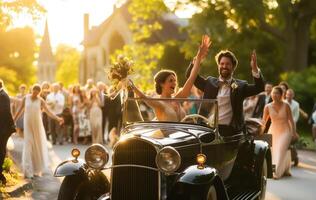 ai gerado alegre Casamento casal a comemorar dentro vintage carro foto