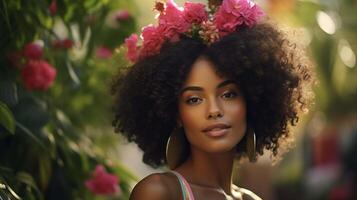 ai gerado a tirar o fôlego cena do uma deslumbrante jovem Afro-Americano mulher adornado com uma impressionante Rosa arco de cabelo, dela pele incandescente com natural brilho, conjunto no meio exuberante vegetação e vibrante flores foto