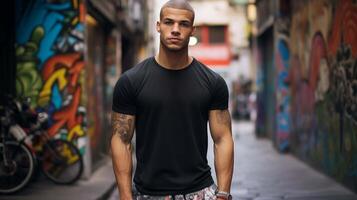 ai gerado uma muscular masculino modelo dentro uma lustroso Preto algodão camiseta navegação através uma cidade rua preenchidas com coberto de graffiti paredes e colorida murais foto