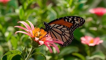 ai gerado fechar acima frontal foco do monarca borboleta em Rosa flor foto