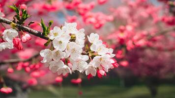 ai gerado digital sakura flor cereja Flor cumprimento cartão modelo, raso profundidade foto