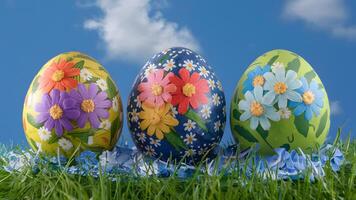ai gerado arte Páscoa ovos adornado com flores contra azul céu pano de fundo foto