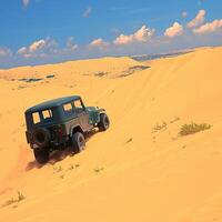 ai gerado turista escapada amarelo areia dunas com uma jipe carro para social meios de comunicação postar Tamanho foto