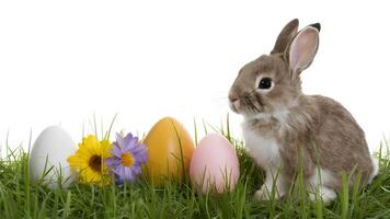 ai gerado cenário branco fundo com pequeno Páscoa coelhinho, ovos, flores, Relva foto