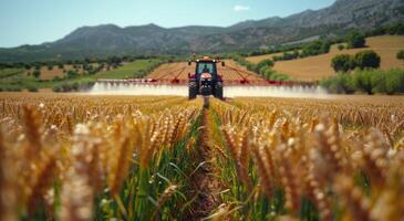 ai gerado trator pulverização pesticida em trigo campo foto