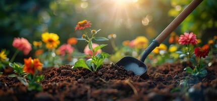 ai gerado florescendo jardim com flores e pá foto