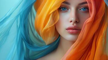 ai gerado mulher com azul olhos e laranja cabelo foto