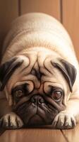 ai gerado adorável relaxamento fechar acima do uma pug cachorro em de madeira pavimentos vertical Móvel papel de parede foto