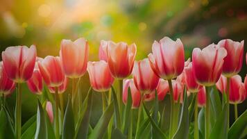ai gerado brilhante Primavera tulipas crio floral fundo com cativante bokeh foto