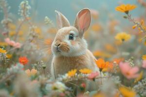 ai gerado fofa Coelho dentro Primavera flores foto