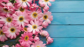 ai gerado Primavera atmosfera capturado com Rosa flores em azul de madeira fundo foto