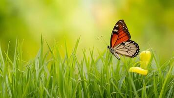 ai gerado fresco borboleta e amarelo verde Relva Formato Páscoa Primavera fundo foto