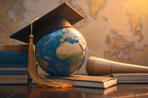 ai gerado foto do costas para escola graduação boné com terra globo, global Educação