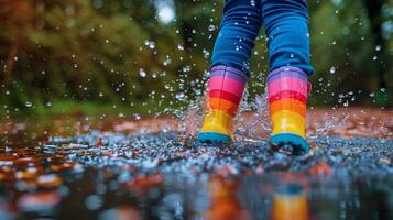 ai gerado pessoa espirrando através poça dentro colorida chuva chuteiras foto