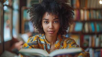 ai gerado menina lendo livro às mesa foto