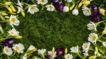 ai gerado quadro, Armação arte abstrato fundo com verão flores no meio exuberante verde Relva foto